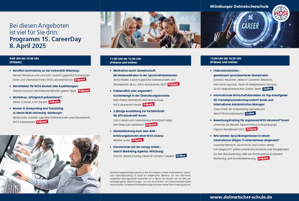  Das Bild zeigt das Programm für den 15. CareerDay der Würzburger Dolmetscherschule, der am 8. April 2025 stattfindet. Das Programm enthält verschiedene Vorträge und Workshops, die sowohl in Präsenz als auch online angeboten werden. Es umfasst Themen wie Berufseinstiege, Sprachmittler in verschiedenen Branchen, Karrierewege in der Übersetzungsbranche, internationale Wirtschaftskanzleien, Bewerbungstraining und vieles mehr. Das Bild zeigt auch eine Frau mit Headset vor einem Computer, eine Gruppe von Menschen in einem Seminarraum und ein futuristisches Karriere-Logo.