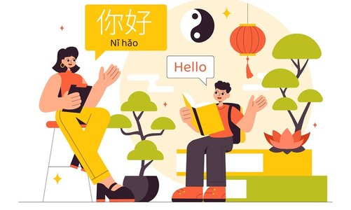 Zwei Personen sitzen zwischen Pflanzen und sprechen, eine hält ein Klemmbrett, die andere ein Buch, daneben Sprechblasen mit '你好 NǏ hǎo' und 'Hello', ein Yin-Yang-Symbol und eine Laterne im Hintergrund.